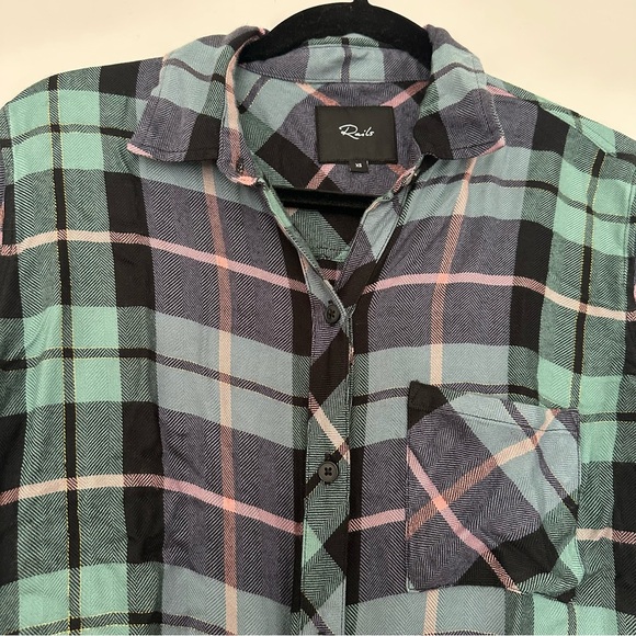Rails (XS) Hunter Plaid Button Down Shirt: Teal/Navy Relaxed Fit Longsleeve Top - Picture 4 of 8